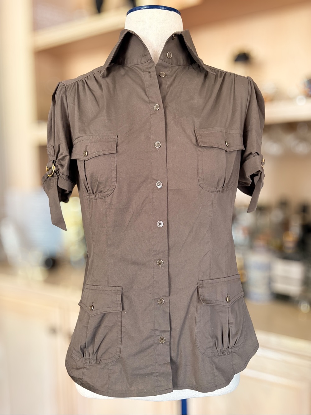 bebe Brown/Taupe Short-Sleeve Utility Style Button-Down Shirt